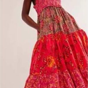 Free People Floral Maxi Dress in Red and Pink boho beach